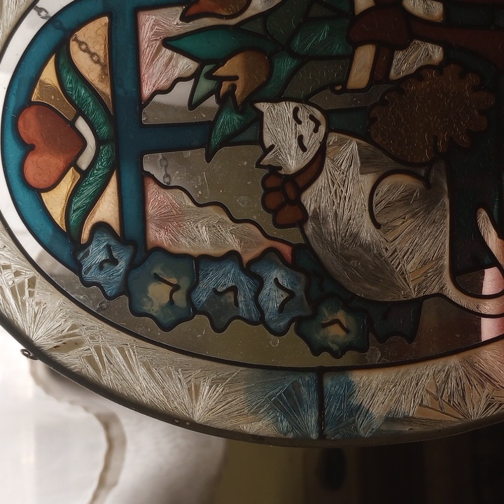 Oval Stained Glass Art. Cat at Window w/ Heart & Tulips. Green Blue Yellow Red - Picture 5 of 5